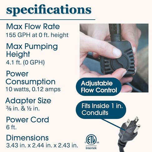smartpond 155 GPH Fountain Pump with Low-Water Shut-off Feature, Auto Shut-Off to Prevent Pump Burnout, 3 ft. Pumping Height, Ideal for Small Fountains, Great for Hydroponics in Saudi Arabia