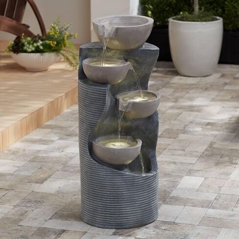 Tarin Four Bowl 31 1/2" High Large Modern Indoor Outdoor Decor Faux Stone Floor Fountain with Light LED Waterfall Cascading Water Feature for Outside Garden Patio Yard Backyard - John Timberland in Saudi Arabia
