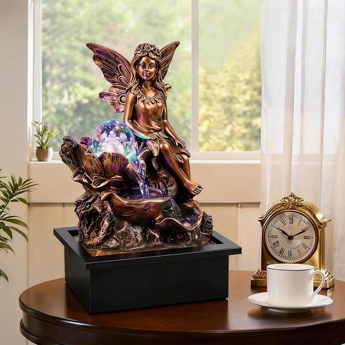 GOESWELL Water Fountain for Indoor Tabletop: Antique Bronze Fairy Statue Tabletop Waterfall with Rotating Crystal Ball for Desk - Small Zen Meditation Decor for Home Office Bedroom Relaxation in Saudi Arabia