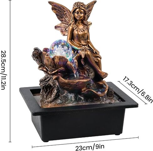 GOESWELL Water Fountain for Indoor Tabletop: Antique Bronze Fairy Statue Tabletop Waterfall with Rotating Crystal Ball for Desk - Small Zen Meditation Decor for Home Office Bedroom Relaxation in Saudi Arabia