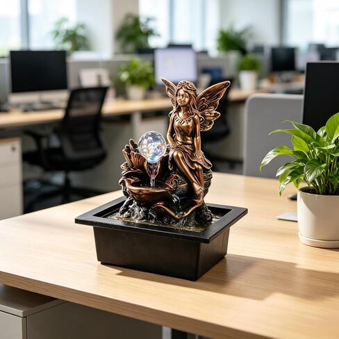 GOESWELL Water Fountain for Indoor Tabletop: Antique Bronze Fairy Statue Tabletop Waterfall with Rotating Crystal Ball for Desk - Small Zen Meditation Decor for Home Office Bedroom Relaxation in Saudi Arabia