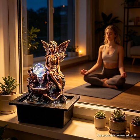 GOESWELL Water Fountain for Indoor Tabletop: Antique Bronze Fairy Statue Tabletop Waterfall with Rotating Crystal Ball for Desk - Small Zen Meditation Decor for Home Office Bedroom Relaxation in Saudi Arabia