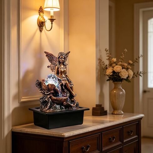 GOESWELL Water Fountain for Indoor Tabletop: Antique Bronze Fairy Statue Tabletop Waterfall with Rotating Crystal Ball for Desk - Small Zen Meditation Decor for Home Office Bedroom Relaxation in Saudi Arabia