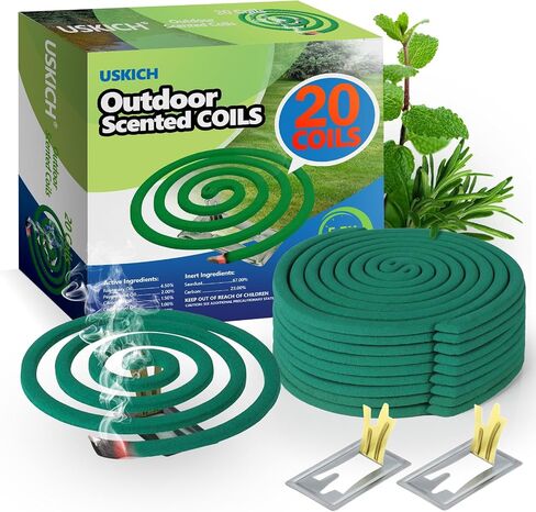 Natural Essential Oil Scented Coils for Outdoor Use, Fresh Aroma, Burns 5-7 Hours, 20 Coils & 2 Stands for Patio Backyard in Saudi Arabia