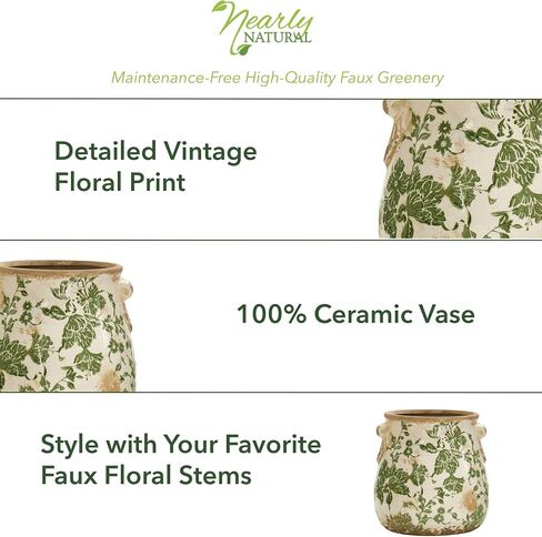 Nearly Natural 6.5in Ceramic Decorative Vase Tuscan Style Green Floral Scroll Design for Indoor Home Decor Centerpieces Tables Small Flower Vases in Kuwait