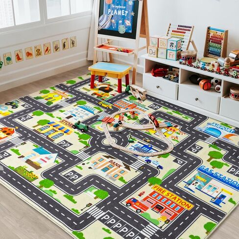 Car Rug Play Mat for Kids Toy Cars, Road Traffic Playmat for Kid Bedroom, Non-Slip Machine Washable Town City Race Track Carpet for Learn and Have Fun 3'x4'/ 36"x48" in Saudi Arabia