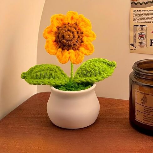Crochet Sunflower, Handmade Knitted Sunflower in Pot, Small Artificial Flower Decor for Dashboard, Home, Desk, Car Interior, Simulation Crochet Plant in Kuwait