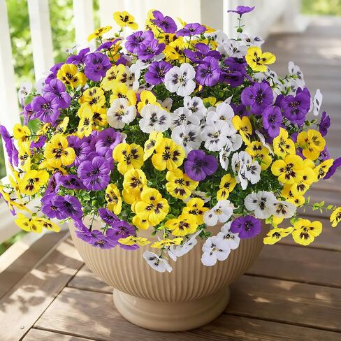 Alupssuc 24 Bundles Artificial Flowers for Outdoors Spring Decorations, Fake Flowers UV Resistant Realistic Pansies with Eucalyptus Silk Faux Flowers for Porch Patio Yard, Yellow White CrimsonPurple in Saudi Arabia