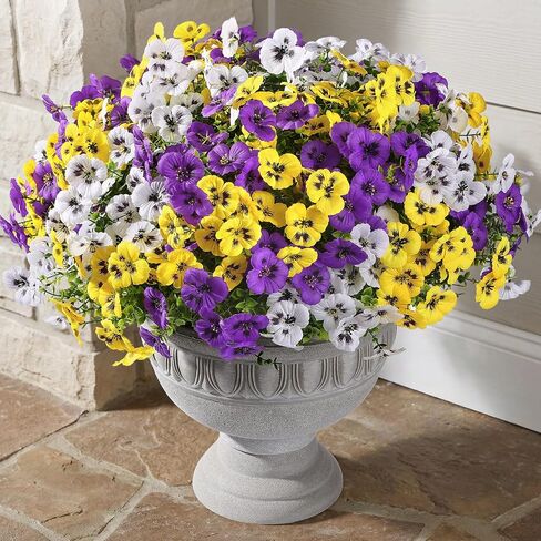 Alupssuc 24 Bundles Artificial Flowers for Outdoors Spring Decorations, Fake Flowers UV Resistant Realistic Pansies with Eucalyptus Silk Faux Flowers for Porch Patio Yard, Yellow White CrimsonPurple in Saudi Arabia