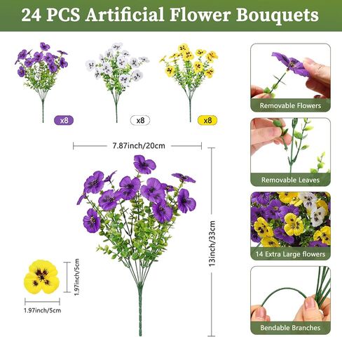 Alupssuc 24 Bundles Artificial Flowers for Outdoors Spring Decorations, Fake Flowers UV Resistant Realistic Pansies with Eucalyptus Silk Faux Flowers for Porch Patio Yard, Yellow White CrimsonPurple in Saudi Arabia