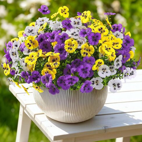Alupssuc 24 Bundles Artificial Flowers for Outdoors Spring Decorations, Fake Flowers UV Resistant Realistic Pansies with Eucalyptus Silk Faux Flowers for Porch Patio Yard, Yellow White CrimsonPurple in Saudi Arabia