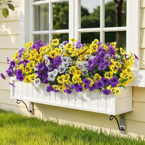 Alupssuc 24 Bundles Artificial Flowers for Outdoors Spring Decorations, Fake Flowers UV Resistant Realistic Pansies with Eucalyptus Silk Faux Flowers for Porch Patio Yard, Yellow White CrimsonPurple in Saudi Arabia