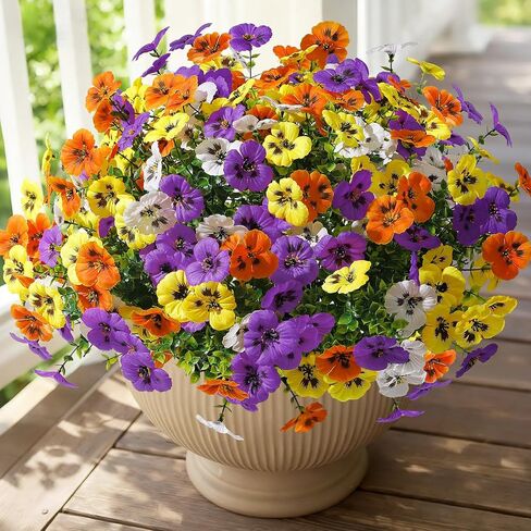 Alupssuc 24 Bundles Artificial Flowers for Outdoors Spring Decorations, Fake Flowers UV Resistant Realistic Pansies with Eucalyptus Silk Faux Flowers for Porch Patio Yard, Yellow White CrimsonPurple in Saudi Arabia