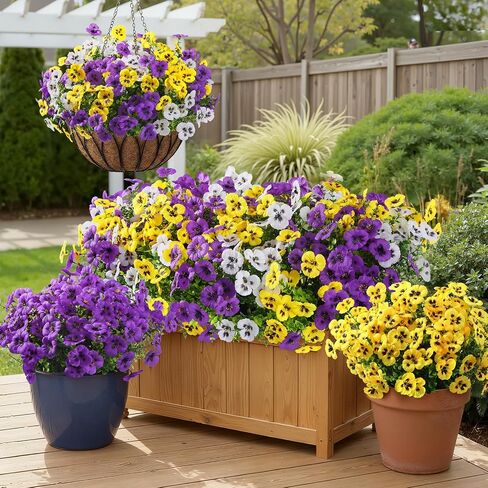 Alupssuc 24 Bundles Artificial Flowers for Outdoors Spring Decorations, Fake Flowers UV Resistant Realistic Pansies with Eucalyptus Silk Faux Flowers for Porch Patio Yard, Yellow White CrimsonPurple in Saudi Arabia