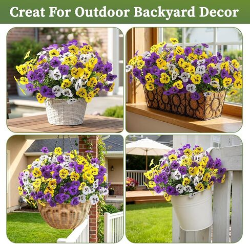 Alupssuc 24 Bundles Artificial Flowers for Outdoors Spring Decorations, Fake Flowers UV Resistant Realistic Pansies with Eucalyptus Silk Faux Flowers for Porch Patio Yard, Yellow White CrimsonPurple in Saudi Arabia