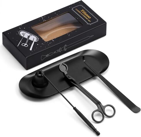 tifanso 4-in-1 Candle Care Kit with Wick Trimmer Cutter, Extinguisher Snuffer, Dipper and Storage Tray Plate, Stainless Steel Wick Scissors Accessories with Gift Package for Candle Lovers (Black) in Saudi Arabia