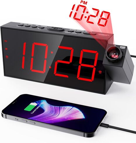 Projection Alarm Clock for Bedroom, 7" Blue LED Display with Adjustable Projection Brightness, Gradual Volume Dual Alarms, 180° Rotatable Ceiling Projector, USB Charger, Snooze, DST, Battery Backup in Saudi Arabia
