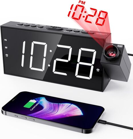 Projection Alarm Clock for Bedroom, 7" Blue LED Display with Adjustable Projection Brightness, Gradual Volume Dual Alarms, 180° Rotatable Ceiling Projector, USB Charger, Snooze, DST, Battery Backup in Saudi Arabia