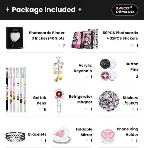 Stray Merch Gift Box Set, Including 60 Photocards, 96 Stickers, 3 Inches Photocards Binder, 4 Bracelets, Foldable Mirror, 2 Button Pins, Keychain, Phone Ring Holder, Fridge Magnet and 6 Pens for Stay in Saudi Arabia