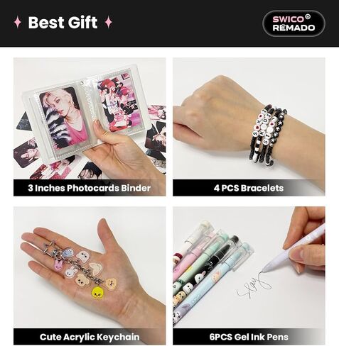 Stray Merch Gift Box Set, Including 60 Photocards, 96 Stickers, 3 Inches Photocards Binder, 4 Bracelets, Foldable Mirror, 2 Button Pins, Keychain, Phone Ring Holder, Fridge Magnet and 6 Pens for Stay in Saudi Arabia