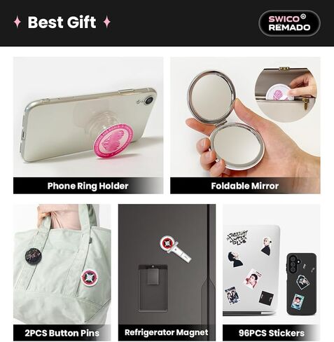 Stray Merch Gift Box Set, Including 60 Photocards, 96 Stickers, 3 Inches Photocards Binder, 4 Bracelets, Foldable Mirror, 2 Button Pins, Keychain, Phone Ring Holder, Fridge Magnet and 6 Pens for Stay in Saudi Arabia