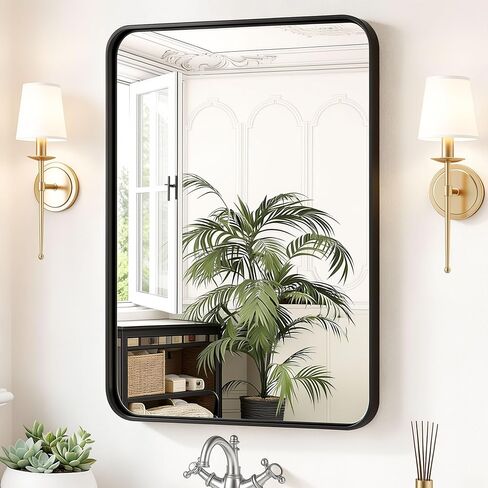 Sweetcrispy Bathroom Wall Mirror, 36x24 Inch Wall Mount Mirror for Over Sink, Modern Rounded Rectangle Vanity Mirrors with Matte Metal Framed, for Home Decor, Living Room, Bedroom, Black in Kuwait