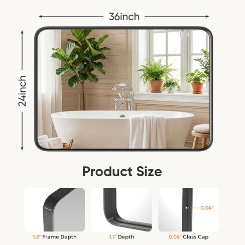 Sweetcrispy Bathroom Wall Mirror, 36x24 Inch Wall Mount Mirror for Over Sink, Modern Rounded Rectangle Vanity Mirrors with Matte Metal Framed, for Home Decor, Living Room, Bedroom, Black in Kuwait