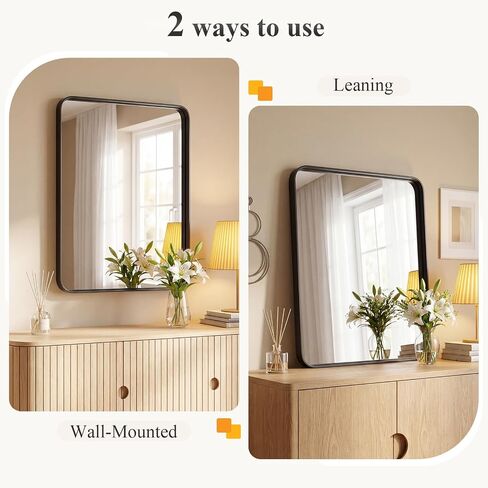 Sweetcrispy Bathroom Wall Mirror, 36x24 Inch Wall Mount Mirror for Over Sink, Modern Rounded Rectangle Vanity Mirrors with Matte Metal Framed, for Home Decor, Living Room, Bedroom, Black in Kuwait