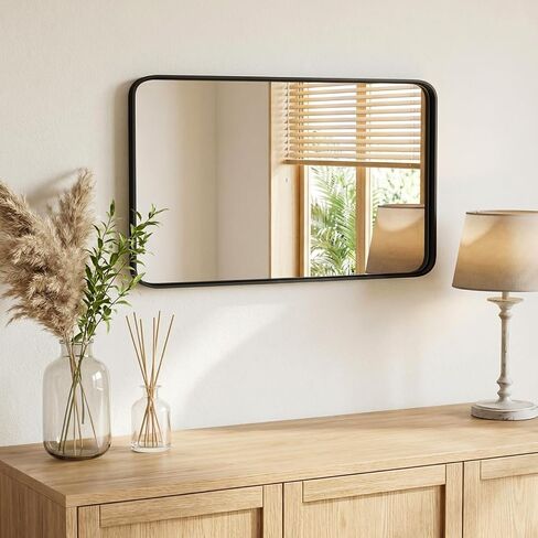 Sweetcrispy Bathroom Wall Mirror, 36x24 Inch Wall Mount Mirror for Over Sink, Modern Rounded Rectangle Vanity Mirrors with Matte Metal Framed, for Home Decor, Living Room, Bedroom, Black in Kuwait