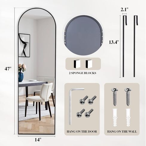 DUMOS 47"x14" Full Length Door Mirror, Full Body Mirror with Aluminum Alloy Thin Frame, Leaning or Hanging, Suitable for Bedroom, Livingroom, Cloakroom, Black in Kuwait