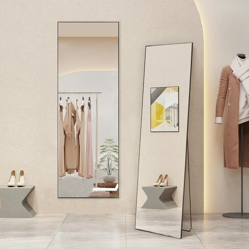 Mirror Full Length, Upgraded 16"x59" Body Wall Mirrors with Shatter-Proof Glass, Floor Standing, Hanging or Leaning, Tall Mirror with Stand Aluminum Alloy Frame for Bedroom, Black in Saudi Arabia