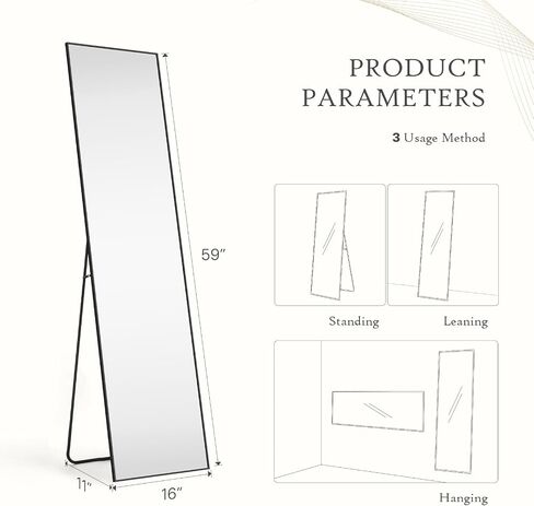 Mirror Full Length, Upgraded 16"x59" Body Wall Mirrors with Shatter-Proof Glass, Floor Standing, Hanging or Leaning, Tall Mirror with Stand Aluminum Alloy Frame for Bedroom, Black in Saudi Arabia