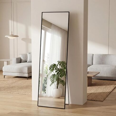 Sweetcrispy 56"x15" Full Length Mirror, Leaning or Standing Full Body Mirror with Aluminum Alloy Thin Frame, Suitable for Bedroom, Living Room, Cloakroom, Black in Kuwait