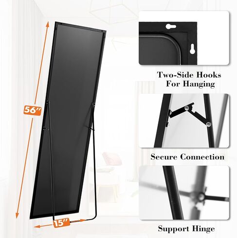 Sweetcrispy 56"x15" Full Length Mirror, Leaning or Standing Full Body Mirror with Aluminum Alloy Thin Frame, Suitable for Bedroom, Living Room, Cloakroom, Black in Kuwait
