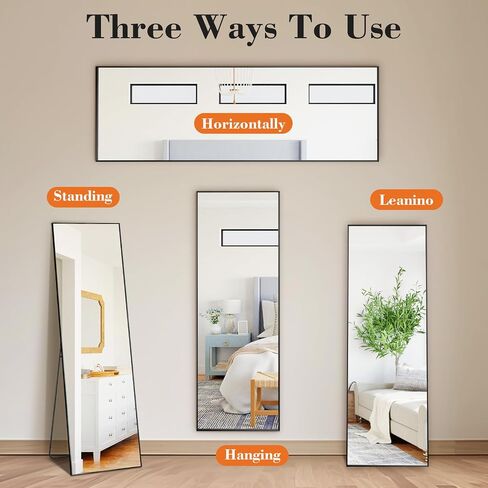 Sweetcrispy 56"x15" Full Length Mirror, Leaning or Standing Full Body Mirror with Aluminum Alloy Thin Frame, Suitable for Bedroom, Living Room, Cloakroom, Black in Kuwait