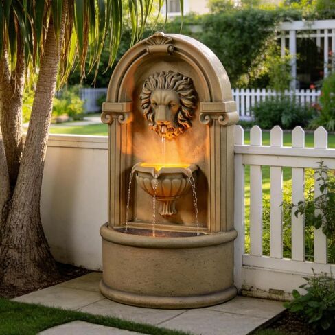 Tolevoit Majestic Lion Head Outdoor Water Fountain, 2-Tier Faux Bronze Floor Baroque Style with LED Lightswith LED Lights, Waterfall Fountains Fit Outside, Garden, Patio in Saudi Arabia