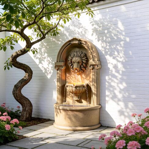 Tolevoit Majestic Lion Head Outdoor Water Fountain, 2-Tier Faux Bronze Floor Baroque Style with LED Lightswith LED Lights, Waterfall Fountains Fit Outside, Garden, Patio in Saudi Arabia