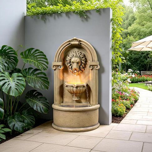 Tolevoit Majestic Lion Head Outdoor Water Fountain, 2-Tier Faux Bronze Floor Baroque Style with LED Lightswith LED Lights, Waterfall Fountains Fit Outside, Garden, Patio in Saudi Arabia
