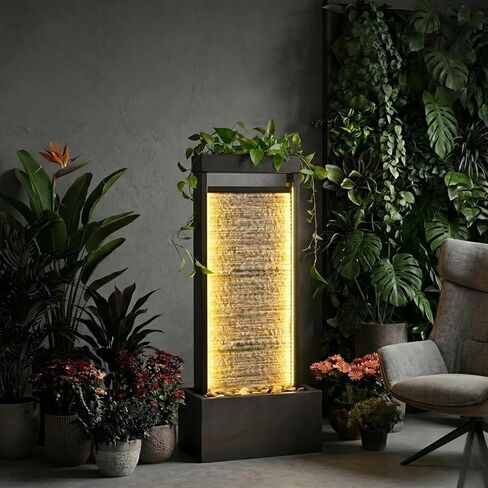 47.24" Floor Standing Waterfall Fountain, Metal Frame Water Curtain Wall with LED Lights, Indoor Outdoor Water Feature with River Rocks for Home Decor, Grselirts in Saudi Arabia