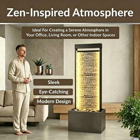 47.24" Floor Standing Waterfall Fountain, Metal Frame Water Curtain Wall with LED Lights, Indoor Outdoor Water Feature with River Rocks for Home Decor, Grselirts in Saudi Arabia