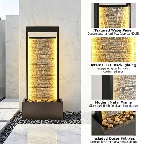 47.24" Floor Standing Waterfall Fountain, Metal Frame Water Curtain Wall with LED Lights, Indoor Outdoor Water Feature with River Rocks for Home Decor, Grselirts in Saudi Arabia