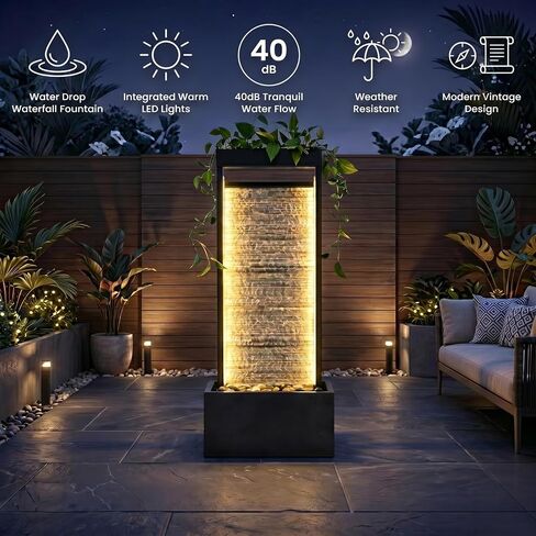 47.24" Floor Standing Waterfall Fountain, Metal Frame Water Curtain Wall with LED Lights, Indoor Outdoor Water Feature with River Rocks for Home Decor, Grselirts in Saudi Arabia