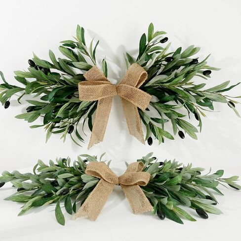 2 Pack 24" Artificial Olive Swag, Full Greenery Swag with Easy-Hang Burlap Bow, Flexible Realistic Olive Branch Wreath for Front Door, Wedding Arch, Wall, Farmhouse Home Decor in Saudi Arabia