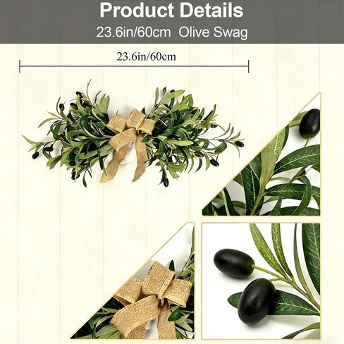 2 Pack 24" Artificial Olive Swag, Full Greenery Swag with Easy-Hang Burlap Bow, Flexible Realistic Olive Branch Wreath for Front Door, Wedding Arch, Wall, Farmhouse Home Decor in Saudi Arabia