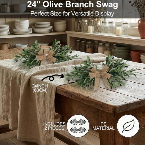 2 Pack 24" Artificial Olive Swag, Full Greenery Swag with Easy-Hang Burlap Bow, Flexible Realistic Olive Branch Wreath for Front Door, Wedding Arch, Wall, Farmhouse Home Decor in Saudi Arabia