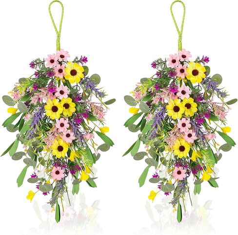 2 Pcs Spring Swags for Front Door, 23.6" Artificial Floral Teardrop Swags with Sunflowers Daisies Lavender, Spring Porch Decor Swag for Farmhouse Wall Window Cabinet Easter Decorations in Saudi Arabia