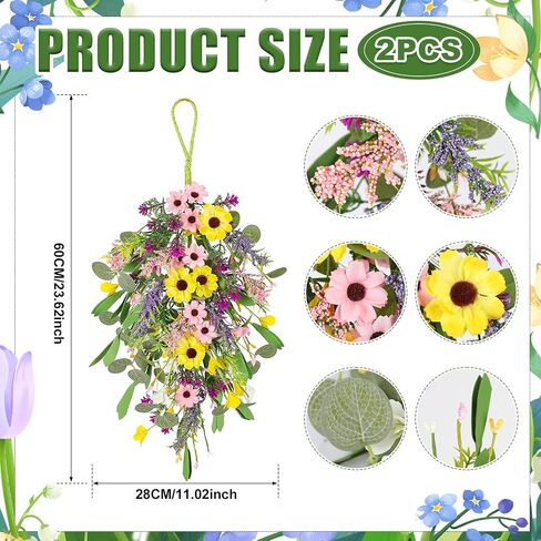 2 Pcs Spring Swags for Front Door, 23.6" Artificial Floral Teardrop Swags with Sunflowers Daisies Lavender, Spring Porch Decor Swag for Farmhouse Wall Window Cabinet Easter Decorations in Saudi Arabia