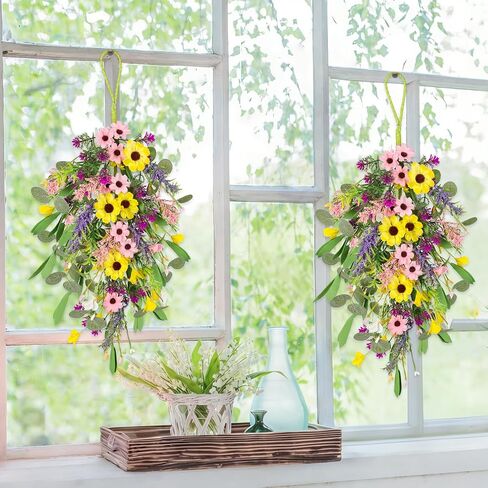 2 Pcs Spring Swags for Front Door, 23.6" Artificial Floral Teardrop Swags with Sunflowers Daisies Lavender, Spring Porch Decor Swag for Farmhouse Wall Window Cabinet Easter Decorations in Saudi Arabia