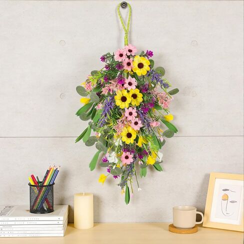 2 Pcs Spring Swags for Front Door, 23.6" Artificial Floral Teardrop Swags with Sunflowers Daisies Lavender, Spring Porch Decor Swag for Farmhouse Wall Window Cabinet Easter Decorations in Saudi Arabia