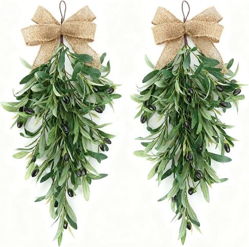 2 Pack 23.6" Artificial Olive Teardrop Swag Wreath for Front Door - UV Resistant Full Adjustable Handmade Faux Greenery Wall Decor with Burlap Bow - Farmhouse Olive Branch Swag for Kitchen Cabinet Ent in Saudi Arabia